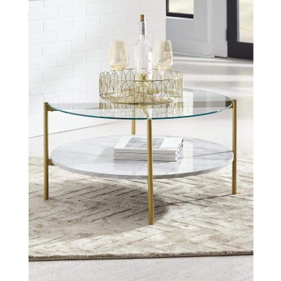 Signature Design by Ashley Wynora Contemporary Round Coffee Table with Glass & Faux Marble White & Gold