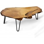 StyleCraft Badang Carving Natural Wood Edge Teak Contemporary Coffee Cocktail Table with Clear Lacquer Finish and Metal Hairpin Legs for Living Room