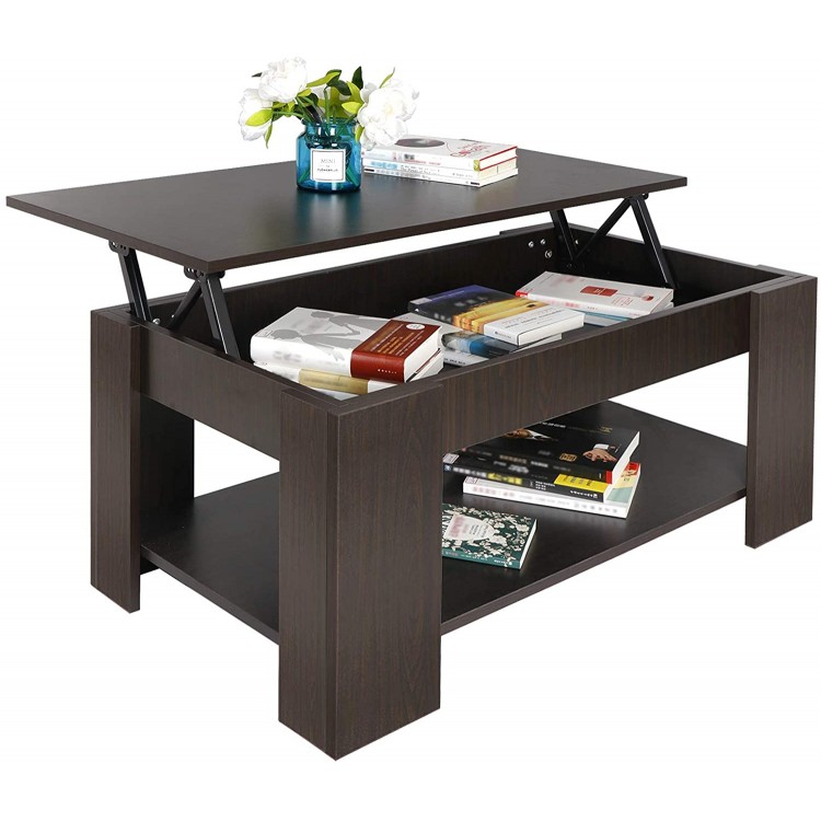 SUPER DEAL Lift Top Coffee Table w Hidden Compartment and Storage Shelves Pop-Up Storage Cocktail Table for Living Room Reception Room