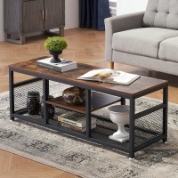 VECELO 47" Coffee Table with Storage Shelf for Living Room Industrial Wood and Metal Frame Easy Assembly Brown