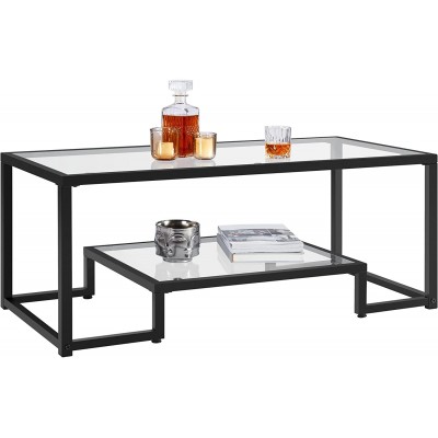 Yaheetech Coffee Table Tempered Glass Coffee Table Modern Simple Center Table w Geometric-Inspired Design & Metal-Frame & Easy Assembly & Open Storage Shelf for Living Room Office Black