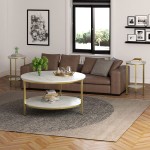 Yechen Coffee Table for Living Room Coffee Table Set of 3 Living Room 3-Piece Table Sets 2-Tier Round Coffee Table & 2 Accent End Tables 2-Tier Marble White Table Top with Gold Metal Frame