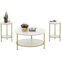 Yechen Coffee Table for Living Room Coffee Table Set of 3 Living Room 3-Piece Table Sets 2-Tier Round Coffee Table & 2 Accent End Tables 2-Tier Marble White Table Top with Gold Metal Frame