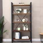5 Tier Bookcase Solid Wood Bookshelf Rustic Vintage Industrial Etagere Bookcase Metal and Wood Free Vintage Bookshelf Retro Brown Real Wood 5-Tier