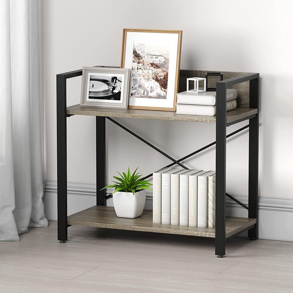 CADMIC Small Bookshelf for Small Space 2 Shelf Low Metal and Wood Bookcase Industrial Rustic Shelving Unit with Short Shelves  Gray Oak