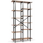 Double Wide 6-Shelf Bookcase Industrial Open Bookshelf Wood and Metal Book Shelves for Home Office Rustic Brown