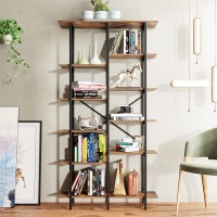 Double Wide 6-Shelf Bookcase Industrial Open Bookshelf Wood and Metal Book Shelves for Home Office Rustic Brown