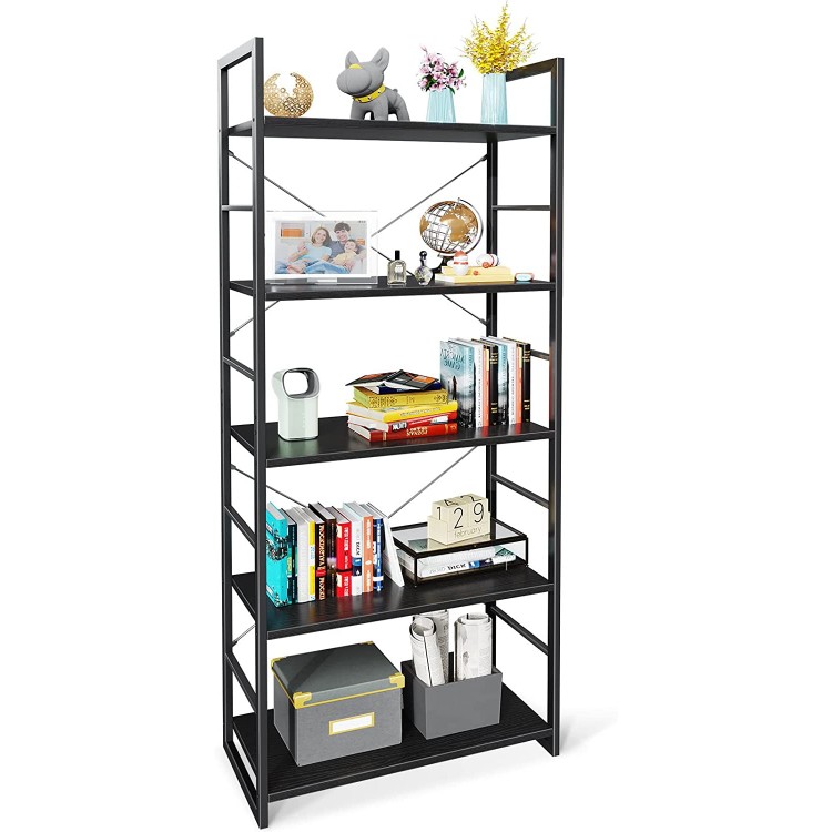 ODK 5 Tier Bookshelf Industrial Open Bookcase Storage Organizer Modern Tall Book Shelf for Bedroom Living Room and Home Office Black