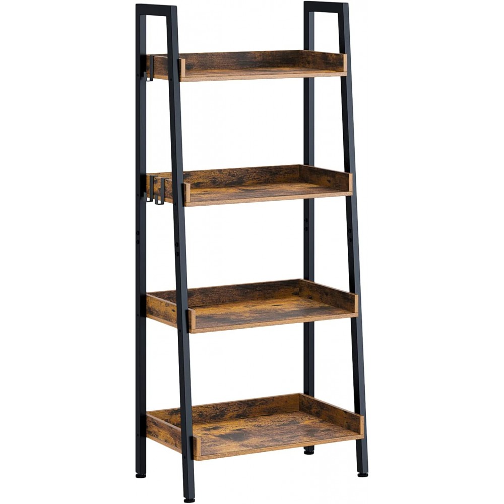 Rolanstar Ladder Bookshelf with 3 Hooks 4 Tier Ladder Shelf Industrial Bookcases Freestanding Display Plant Shelves with Metal Frame for Living Room Small Space Rustic Brown