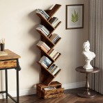 Rolanstar Tree Bookshelf with Drawer Free Standing Bookcase Display Floor Standing Storage Shelf for Books CDs Plants,Utility Organizer Shelves for Living Room Bedroom Rustic Brown