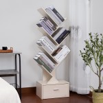 SHEEPAM Tree Bookshelf with Drawers Free Standing Wood Bookcase for Living Room Bedroom Home Office Space Saving Storage Organizer Bookshelves for Books CDs Vinyl Records- 8-Tier White
