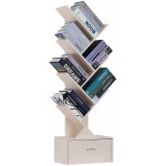 SHEEPAM Tree Bookshelf with Drawers Free Standing Wood Bookcase for Living Room Bedroom Home Office Space Saving Storage Organizer Bookshelves for Books CDs Vinyl Records- 8-Tier White