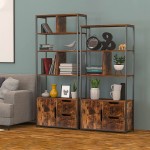 SUAYLLA Industrial Bookshelf Bookcase with Open Back 5 Tier Free Standing Storage Organizer Display Book Shelf with 2 Drawers and Cabinet for Living Room Bedroom Kitchen Rustic Brown
