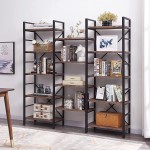 SUPERJARE Triple Wide 5-Tier Bookshelf Rustic Industrial Style Book Shelf Wood and Metal Bookcase Furniture for Home & Office Vintage Brown