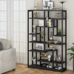 Tribesigns Black Bookcase Bookshelf Storage Rack Standing Shelf Staggered Bookcase Display Shelf Organizer Storage Unit with Open Shelves Iron Tube Frame for Home Living Room Bedroom Office