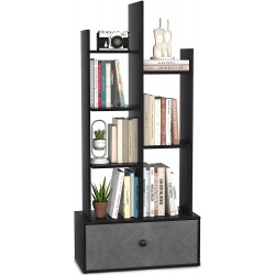 Unikito Bookshelf with Drawer Free Standing Bookcase with Storage Open Book Shelf Organizer Industrial 7 Open Book Shelves Display Wood Book Case for Bedroom Living Room Home Office Black
