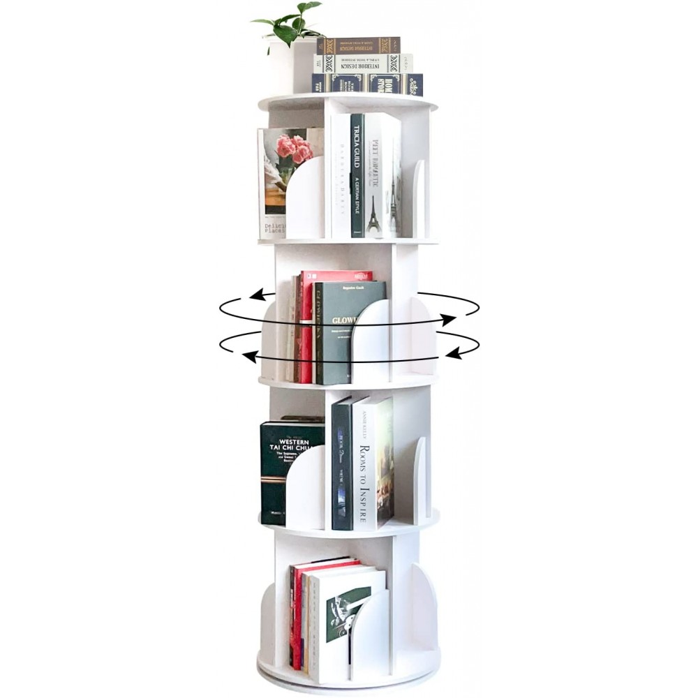 YGYQZ 4 Tier Rotating Display Bookshelf 360 View Unique Revolving Storage Rack for Spinning Small Bookcase Great for Bedroom Living Room 4 Tier White