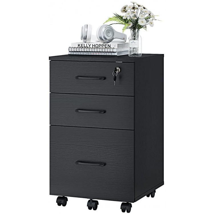 3 Drawer Wood Mobile File Cabinet Under Desk Storage Drawers Small File Cabinet for Home Office Black