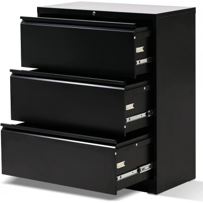 Black Lateral File Cabinet with Lock 3 Drawer Lateral Filing Cabinet for Legal Letter A4 Size Locking Wide File Cabinet for Home Office Metal