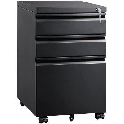 DEVAISE 3 Drawer Mobile File Cabinet with Lock Metal Filing Cabinet Legal Letter Size Fully Assembled Except Wheels Black