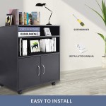 KUMIUNION 3 Drawer Rolling File Cabinet Black Wood Filing Cabinet with Wheels & Open Storage Shelf Mobile Lateral Printer Stand with Storage Door for Home Office Black