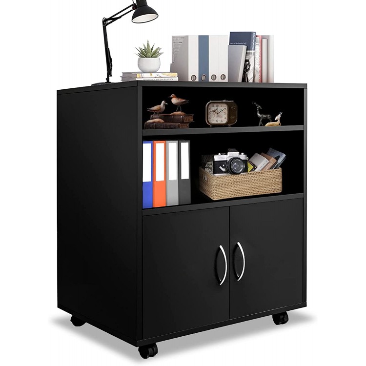 KUMIUNION 3 Drawer Rolling File Cabinet Black Wood Filing Cabinet with Wheels & Open Storage Shelf Mobile Lateral Printer Stand with Storage Door for Home Office Black