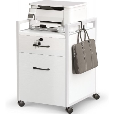 ODK File Cabinet with 2 Drawers Mobile Office Cabinet with Lock on Wheels Rolling Office Printer Stand Filing Cabinet for A4 Letter Sized Document with Iron Hook White