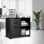 QDSSDECO 3-Drawer Wood File Cabinet Mobile Lateral Filing Cabinet with Rolling Wheel Printer Stand and Open Adjustable Storage Shelves for Home Office Black