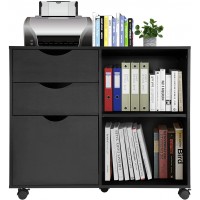 QDSSDECO 3-Drawer Wood File Cabinet Mobile Lateral Filing Cabinet with Rolling Wheel Printer Stand and Open Adjustable Storage Shelves for Home Office Black