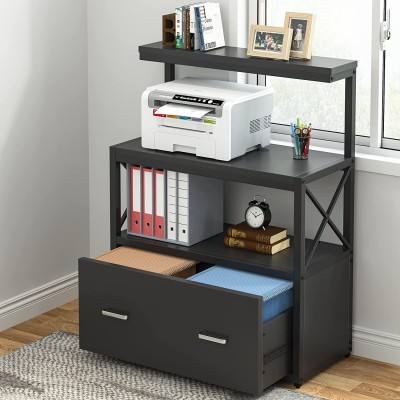 Tribesigns Lateral File Cabinet Modern Filing Cabinet with 1 Large Drawer Printer Stand with 3 Open Storage Shelves for Home Office Black