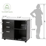 TUSY 3-Drawer Wood File Cabinet Mobile Lateral Filing Cabinet with Rolling Wheel Printer Stand with Open Storage Shelves for Home Office Black