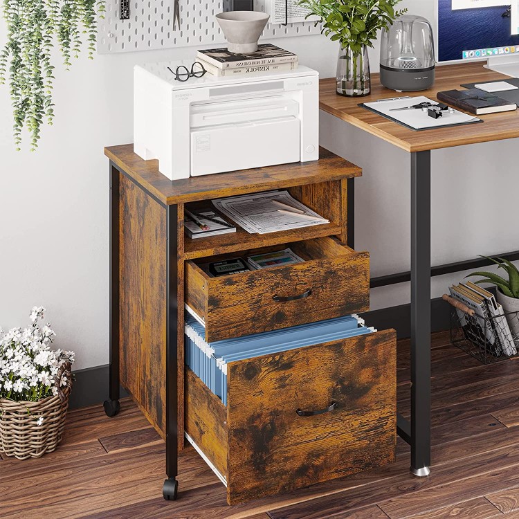 VIAGDO Rolling File Cabinet with 2 Drawers Office Filing Cabinet on Wheels with Open Shelf Under Desk Storage Cabinet for A4 Letter Size Hanging File Folders Home Office Steel Frame