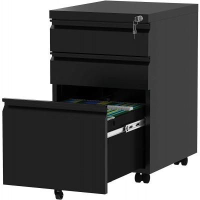 YITAHOME 3-Drawer Mobile File Cabinet with Lock Office Storage Filing Cabinet for Legal Letter Size Pre-Assembled Metal File Cabinet Except Wheels Under Desk -Black
