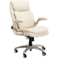 Commercial Ergonomic Executive Office Desk Chair with Flip-up Armrests Adjustable Height Tilt and Lumbar Support Cream Bonded Leather
