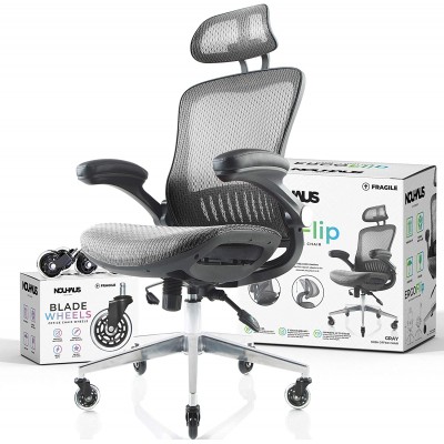 NOUHAUS ErgoFlip Mesh Computer Chair Grey Rolling Desk Chair with Retractable Armrest and Blade Wheels Ergonomic Office Chair Gaming Chairs Executive Swivel Chair High Spec Base