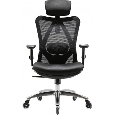 XUER Ergonomic Office Chair Mesh Computer Desk Chair with Adjustable Sponge Lumbar Support Thick Cushion PU Armrest and Headrest High Back Swivel Home Office Task Chair for Work Black