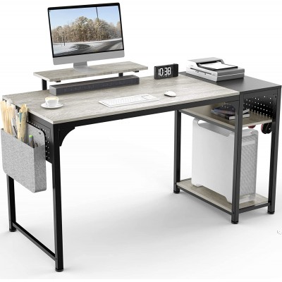 55 Inch Oak Grey Home Office Computer Desk with Monitor Stand Storage Shelves Work Study Writing PC Gaming Table Large Workstation with Sturdy Black Metal Frame Dual Pegboard Organizers & Accessories