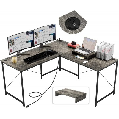 Bestier L Shaped Desk 95.2 Inch with Power Outlet Reversible Corner Office Desk or 2 Person Long Table for Home Large Gaming Writing Workstation with Monitor Stand and 2 Cable Holes Gray