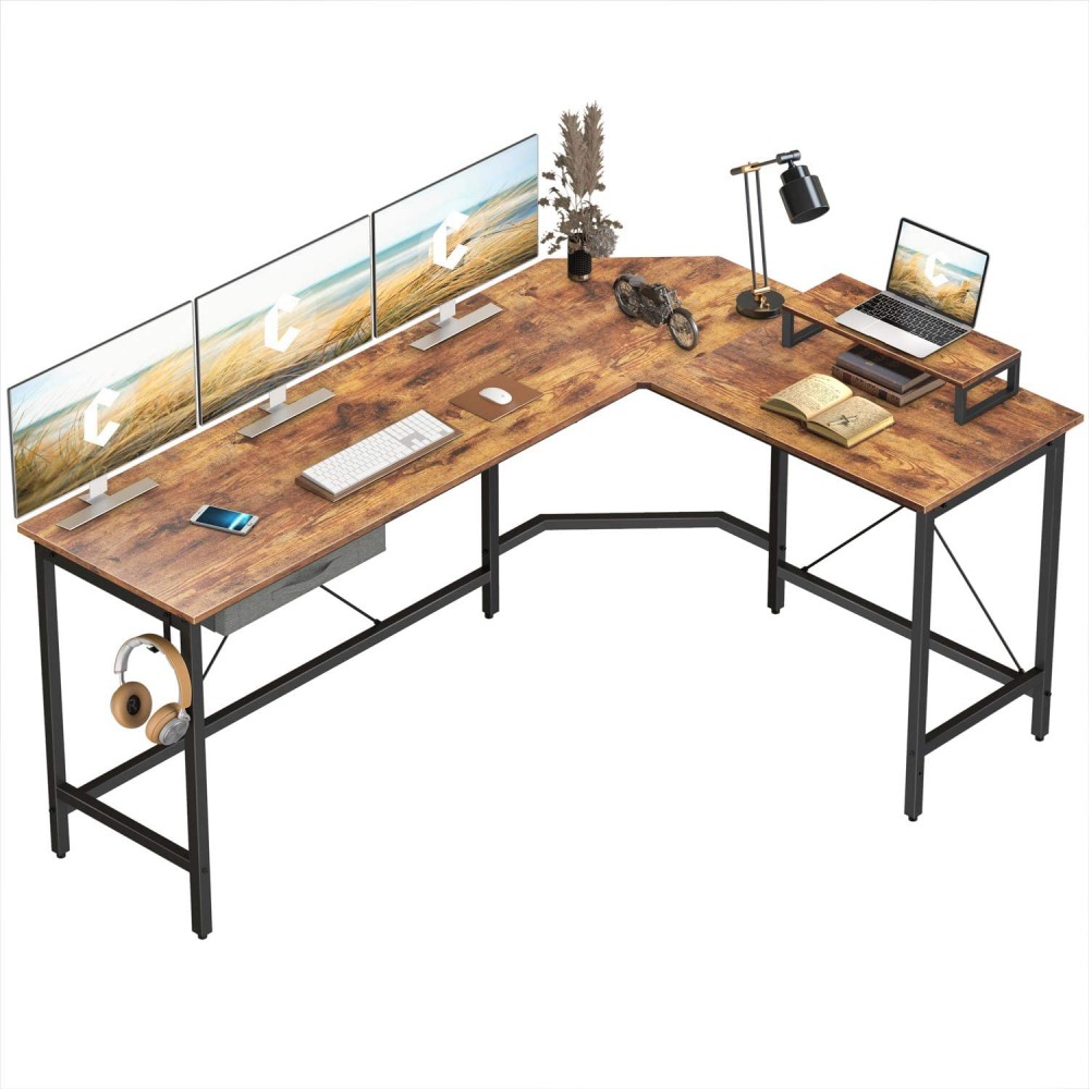 CubiCubi L-Shaped Desk Computer Corner Desk Home Office Gaming Table Sturdy Writing Workstation with Small Table Space-Saving Easy to Assemble Rustic Brown
