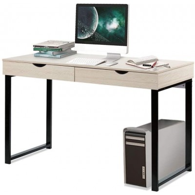 Industrial Computer Desk Writing Study Table with 2 Drawers,Notebook PC Workstation,Wood Desktop Black Steel Frame for Home,Office