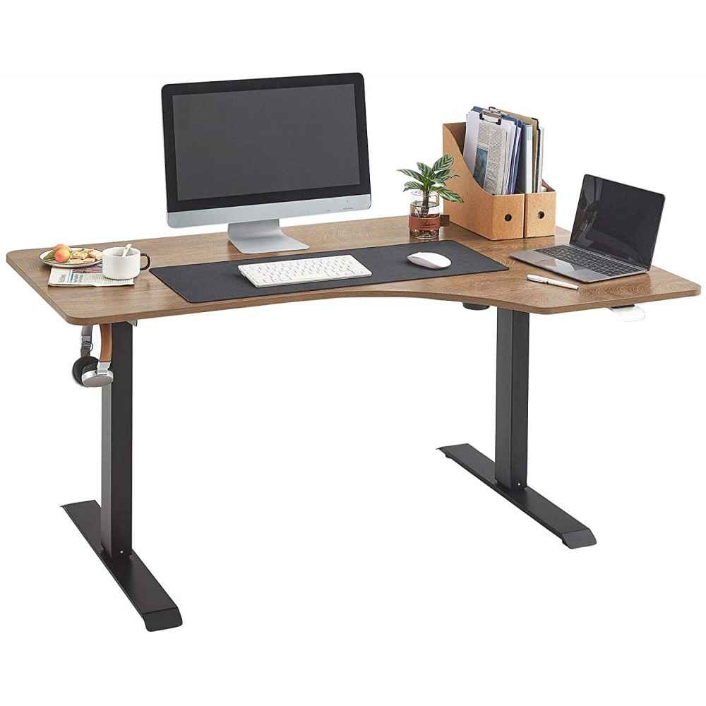 LINSY L Shaped Electric Standing Desk 55 Inches Height Adjustable Corner Desk Full Sit Stand Home Office Table with Blue Shining Controller Black Frame Walnut Top