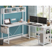 Sedeta L Shaped Desk with Hutch and Storage, Reversible 94.48 Inches Corner Computer Desk or Two Person Desk L Shaped Desk Gaming Table for Home Office with Storage Shelves and Headphone Hook White