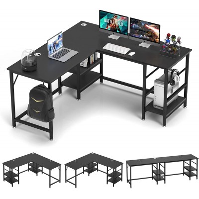 SunyesH L Shaped Computer Desk Office Home Gaming 95" Desk Study Writing 55" Corner Double Table with Storage Shelves Reversible Sturdy Workstation Large Work PC Desk Black