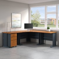 Bush Business Furniture Series A 84W x 84D Corner Desk with Mobile File Cabinet in Natural Cherry and Slate