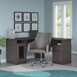 Bush Furniture Cabot 60W L Shaped Computer Desk with Mid Back Leather Box Chair in Heather Gray
