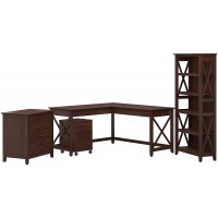 Bush Furniture Key West 60W L Shaped Desk with File Cabinets and 5 Shelf Bookcase Bing Cherry