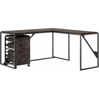 Bush Furniture Refinery L Shaped Industrial Desk with 3 Drawer Mobile File Cabinet 62W Dark Gray Hickory