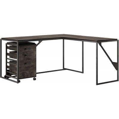 Bush Furniture Refinery L Shaped Industrial Desk with 3 Drawer Mobile File Cabinet 62W Dark Gray Hickory