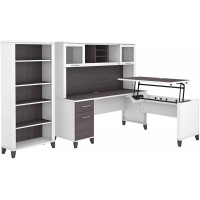 Bush Furniture Somerset 72W 3 Position Sit to Stand L Shaped Desk with Hutch and Bookcase in White and Storm Gray
