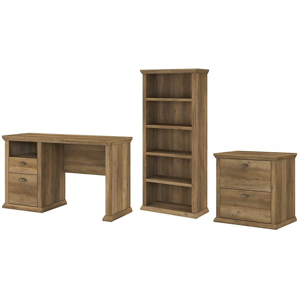 Bush Furniture Yorktown Home Office Desk with Lateral File Cabinet and 5 Shelf Bookcase 50W Reclaimed Pine